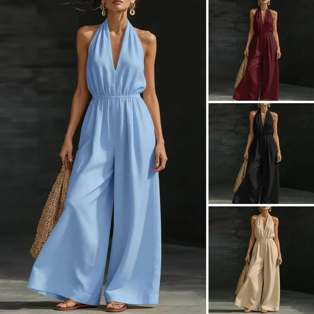Temperament Elegant Halter Neck Jumpsuits Women Sexy Deep V-neck Backless High Waist Wide Leg Jumpsuit Solid Color Female New