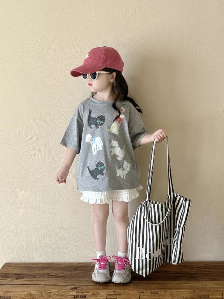 Girls Kids Summer T-Shirt 2026 New Cute Cartoon Print Short Sleeve Tee Casual Loose Fit 100% Cotton Top for Hot Weather