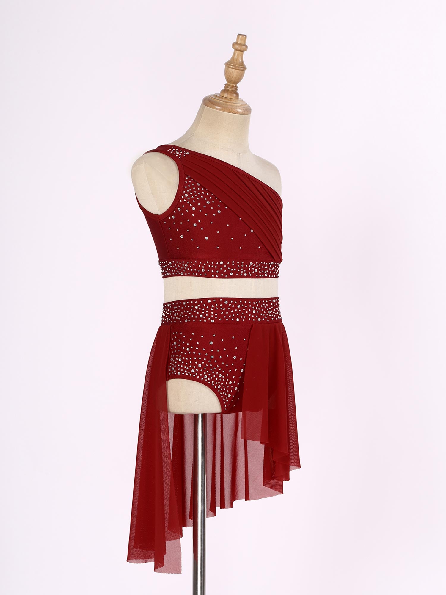 Teen Girls Modern Lyrical Dance Performance Outfit One Shoulder Crop Top with Leotard Skirt for Jazz Skating Ballet Gymnastics