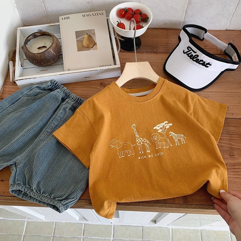 Summer Children Clothes Summer Tops Tees Cartoon Printed Girl And Boy Short Sleeve T-shirt Kids Simple Fashion Tshirts Crewneck