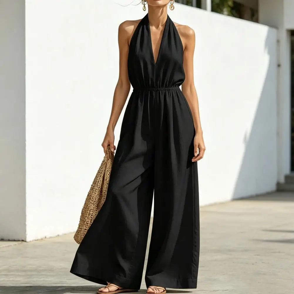 Temperament Elegant Halter Neck Jumpsuits Women Sexy Deep V-neck Backless High Waist Wide Leg Jumpsuit Solid Color Female New