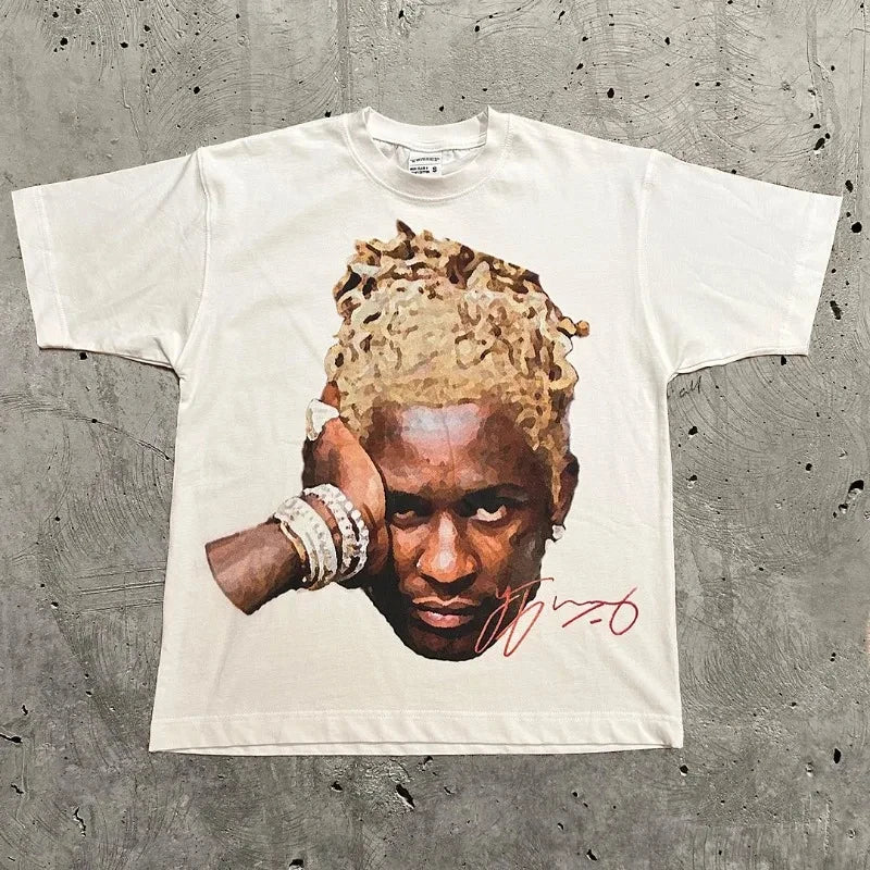 American Trendy Hip Hop Street Style T-Shirt Unisex Celebrity Portrait Print Tee Kanye Photo Top Plus Size Clothing Adult/Kids