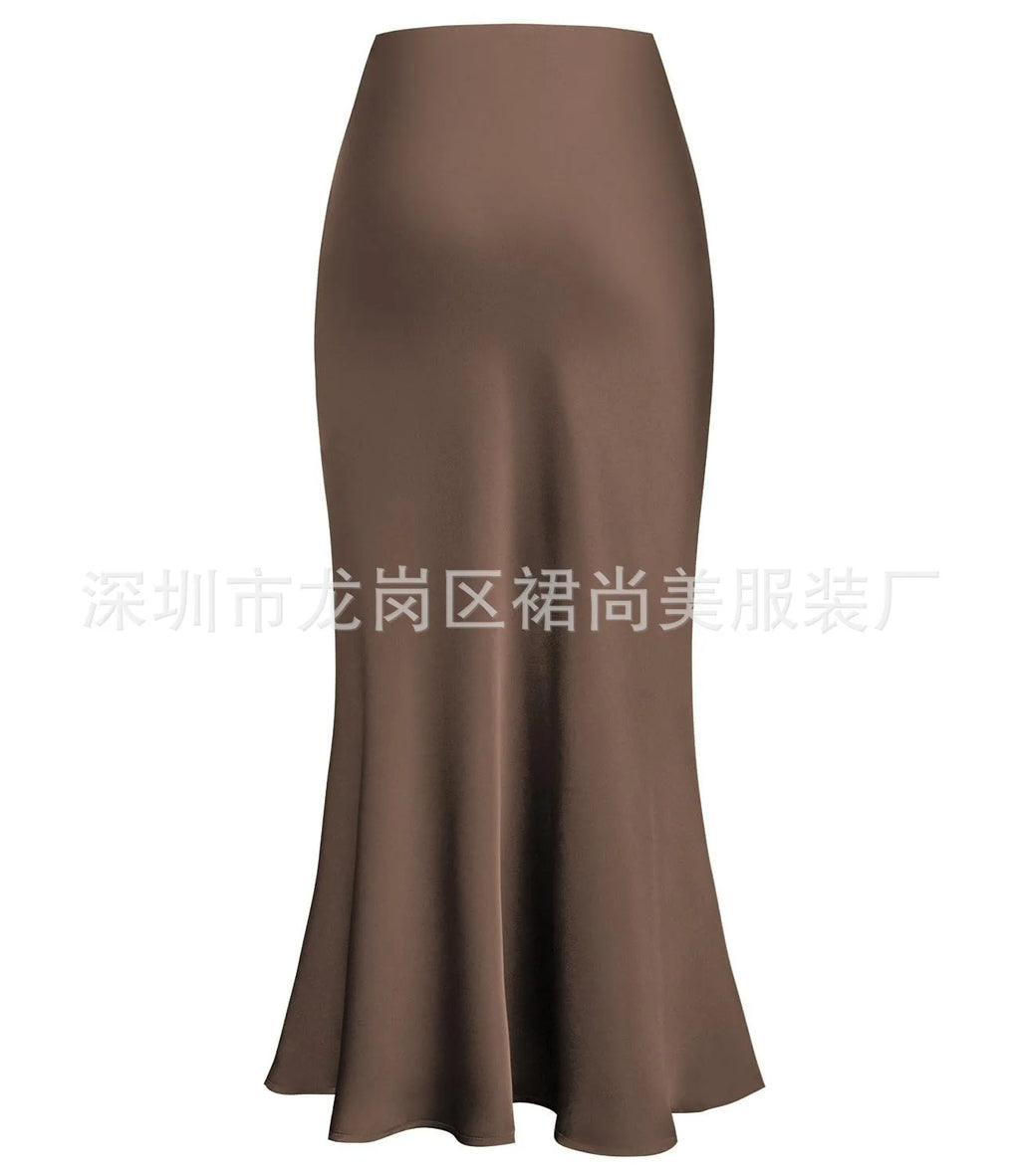 Elegant Faux Silk Satin Skirts for Women High Waist A-line Office Lady  Solid Color Glossy Finish Fishtail Skirt