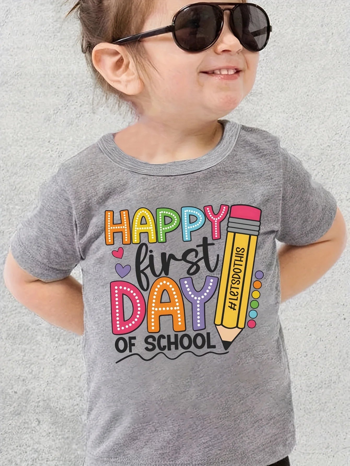 Summer Girls' Casual First Day of School Happy Print T-shirt with Round Neck and Short Sleeve Kids Clothes