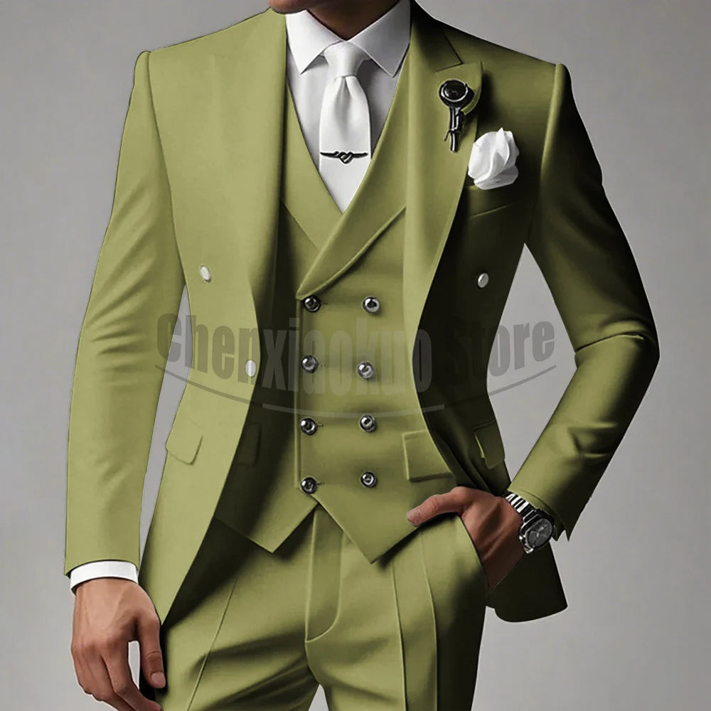 White Men Suits 3 Piece High-end Peak Lapel Solid Color Male Suit Slim Fashion Party Groom Wedding Tuxedos (Blazer+Vest+Pants)