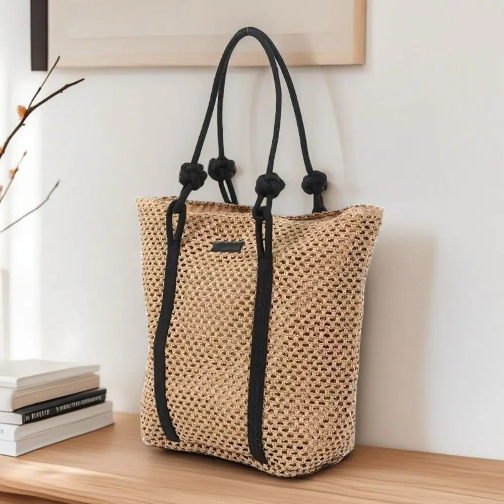 Handmade Straw Woven Bags Large Capacity Zipper Closure Beach Handbags Top-Handle Solid Color Women's Shoulder Bags