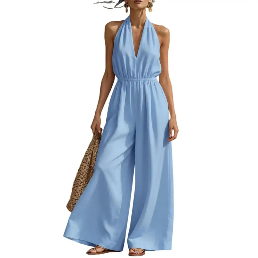 Temperament Elegant Halter Neck Jumpsuits Women Sexy Deep V-neck Backless High Waist Wide Leg Jumpsuit Solid Color Female New