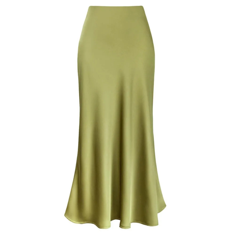 Elegant Faux Silk Satin Skirts for Women High Waist A-line Office Lady  Solid Color Glossy Finish Fishtail Skirt