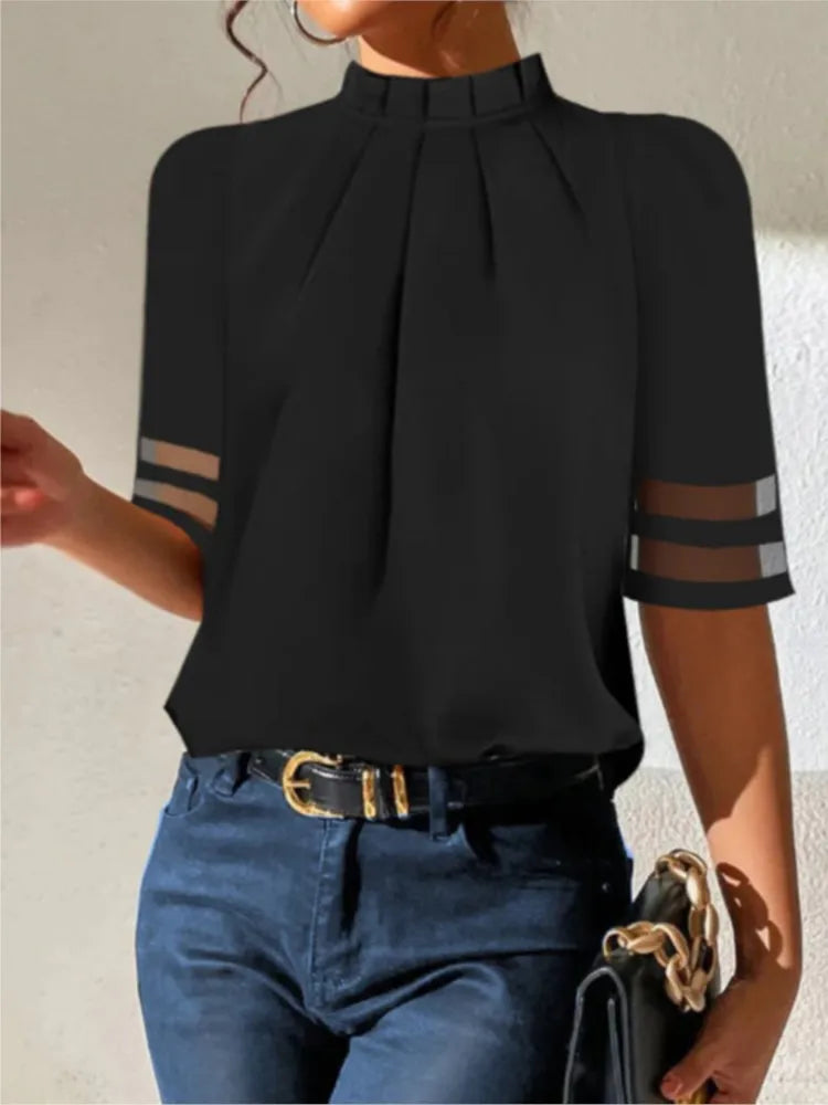 Women's Fashion Black Short-sleeved Shirt Ladies Elegant Casual Turtleneck Top Simple Shirts Women Clothes Summer