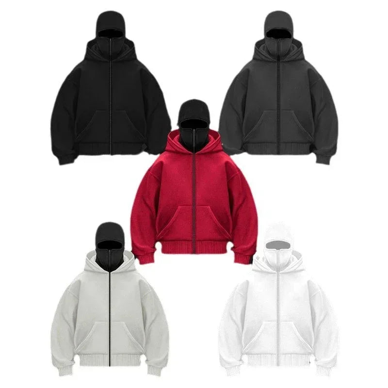 Balaclava Fashion Personality Hoodie Men Soild Color Double Layer Hooded Pullover Sweatshirt Y2k Retro Hip Hop Winter Streetwear