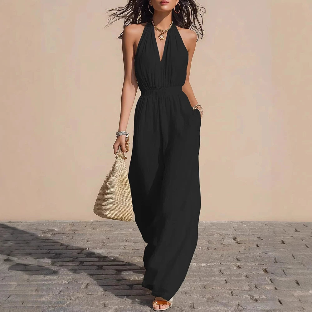 Women's Casual Faux Linen Blend Halter Jumpsuit 2026 New Elegant Solid Color Loose Pants Vacation Outfits With Pockets Jumpsuits