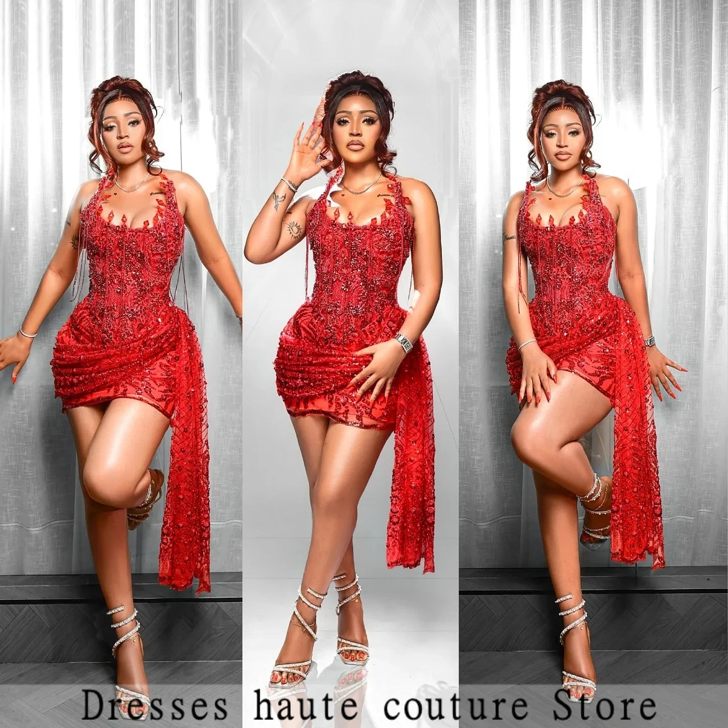 New Red Prom Dresses 2026 Luxury Black Girls Strapless Beaded Tassel Mini Birthday Cocktail Party Gowns Homecoming Customized