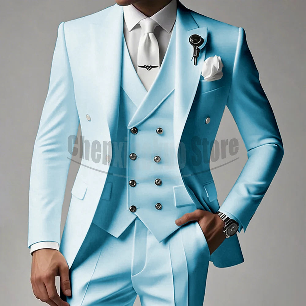 White Men Suits 3 Piece High-end Peak Lapel Solid Color Male Suit Slim Fashion Party Groom Wedding Tuxedos (Blazer+Vest+Pants)