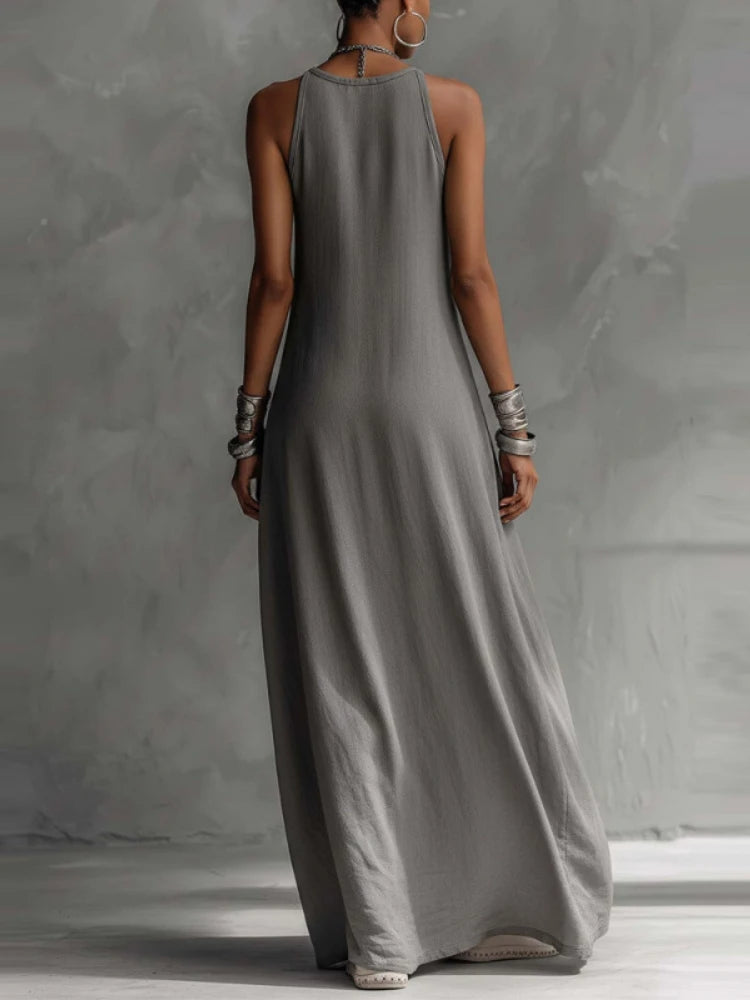 Women Strappy Maxi Dress A-line Vest Type Color Block Summer Beach Dress Loose Casual Halter Neck Pocket Side Split Long Dresses