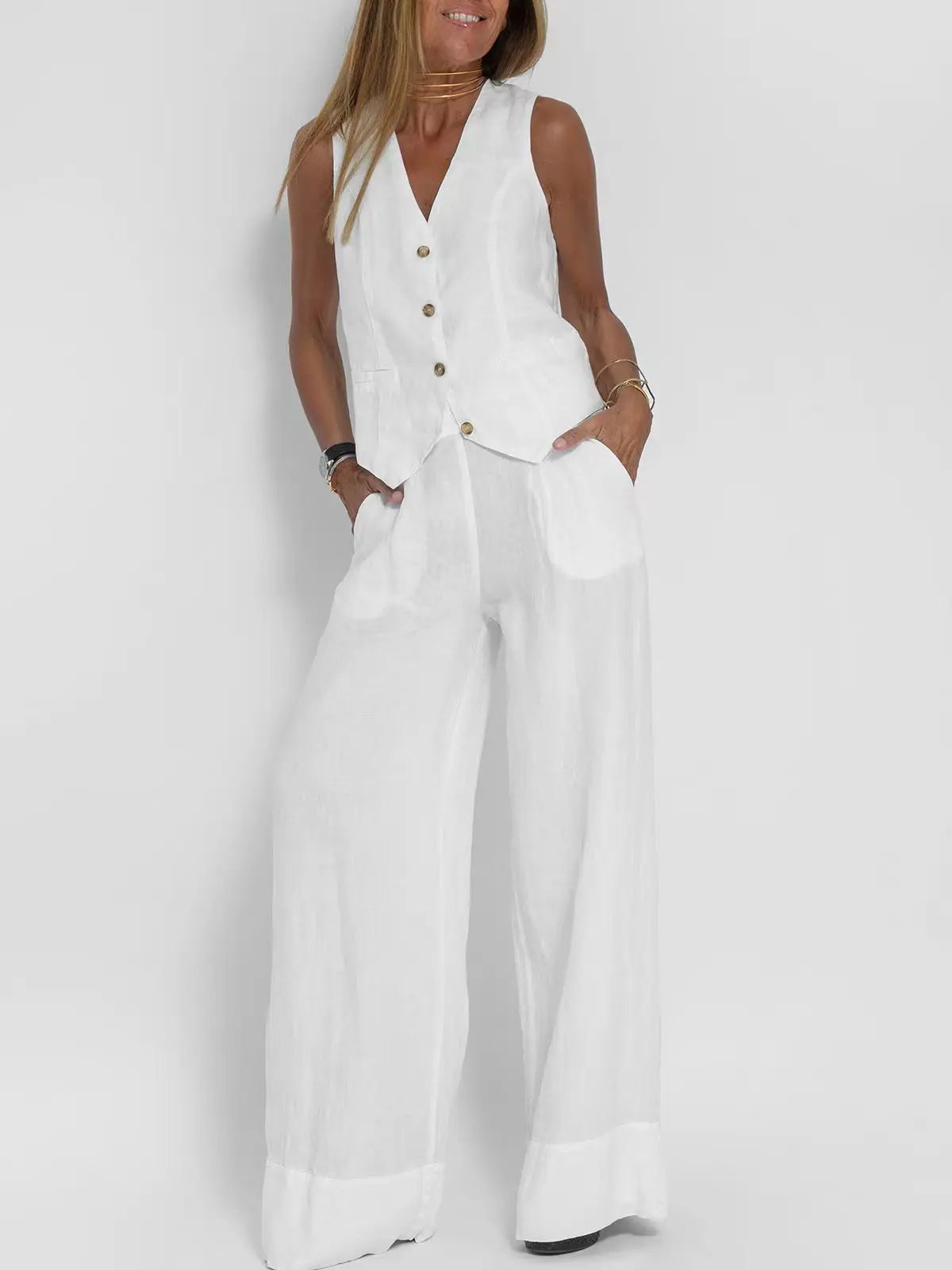 2025 New Women Vest Top + Trousers Patchwork Cotton Linen Casual Suit Summer Solid Women Vest Top + Wide Leg Pants Two Peice Set
