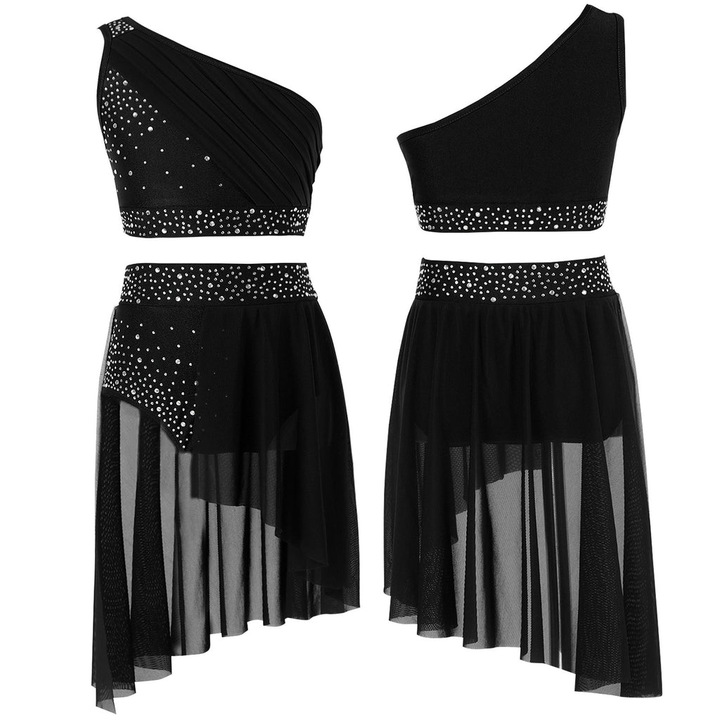 Teen Girls Modern Lyrical Dance Performance Outfit One Shoulder Crop Top with Leotard Skirt for Jazz Skating Ballet Gymnastics