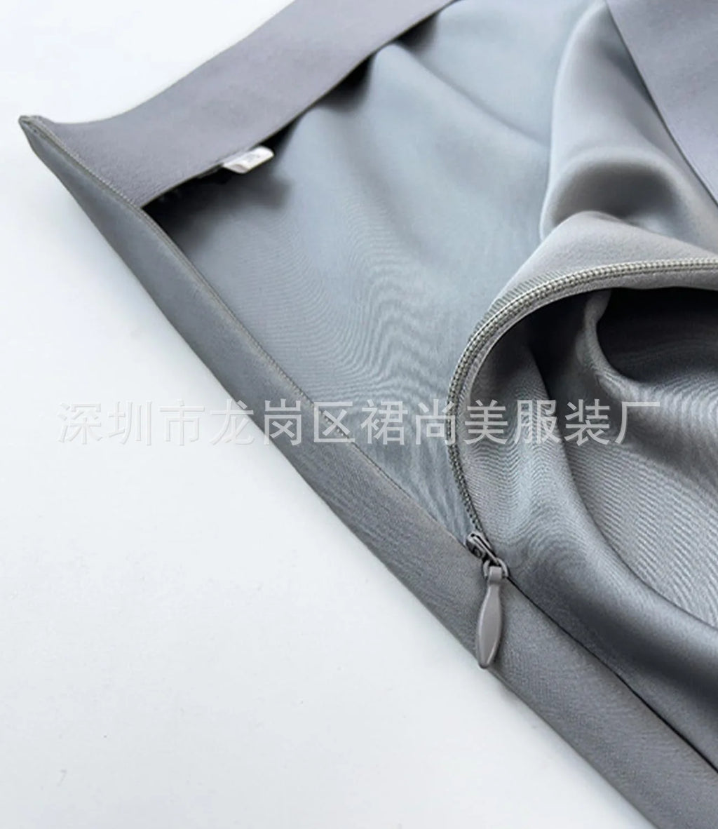 Elegant Faux Silk Satin Skirts for Women High Waist A-line Office Lady  Solid Color Glossy Finish Fishtail Skirt