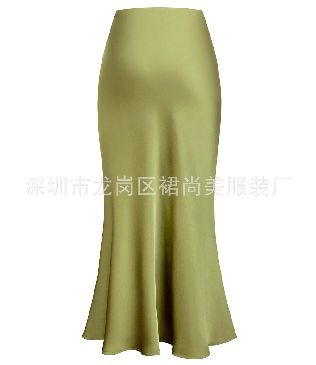 Elegant Faux Silk Satin Skirts for Women High Waist A-line Office Lady  Solid Color Glossy Finish Fishtail Skirt