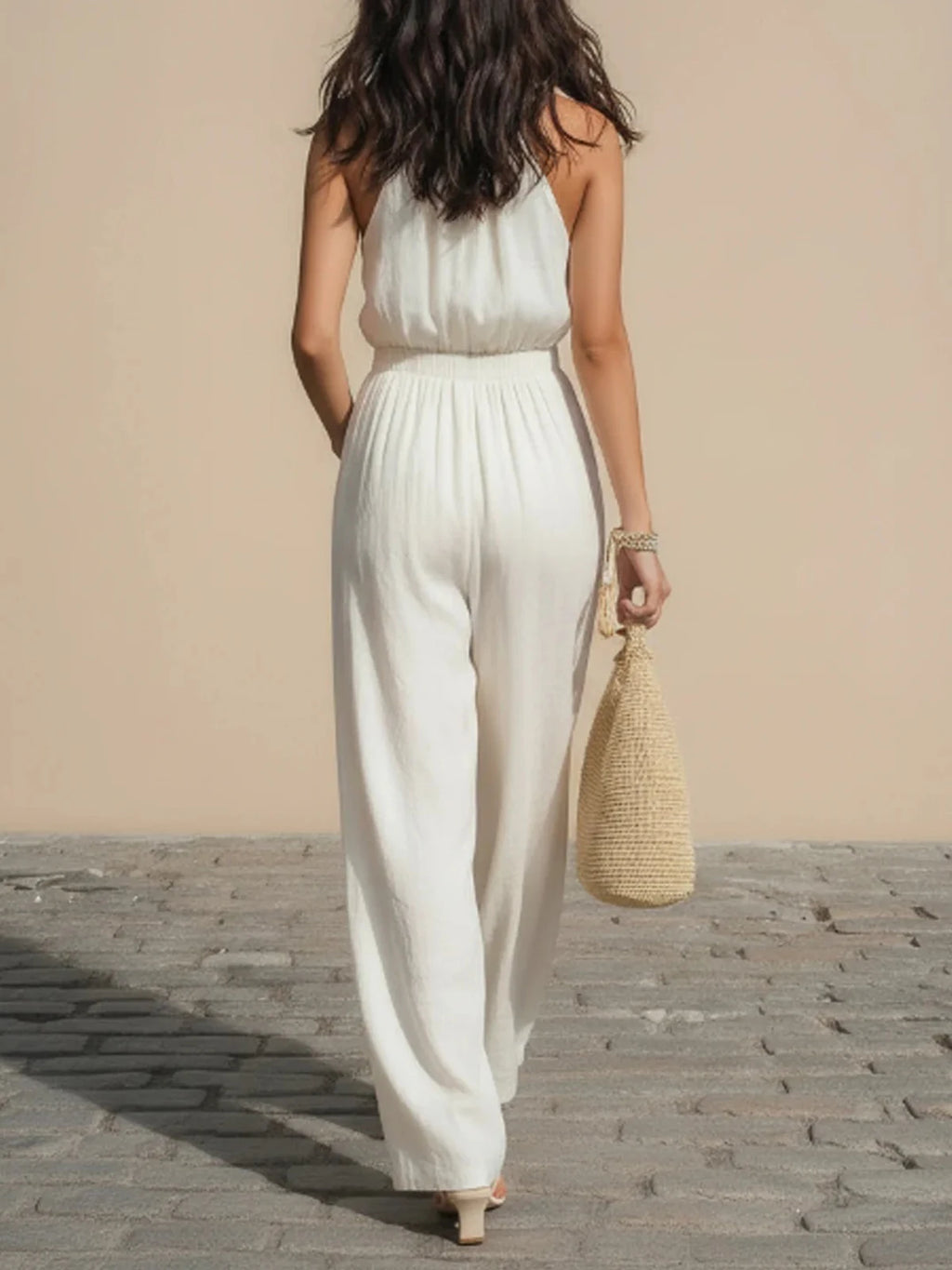 Women's Casual Faux Linen Blend Halter Jumpsuit 2026 New Elegant Solid Color Loose Pants Vacation Outfits With Pockets Jumpsuits
