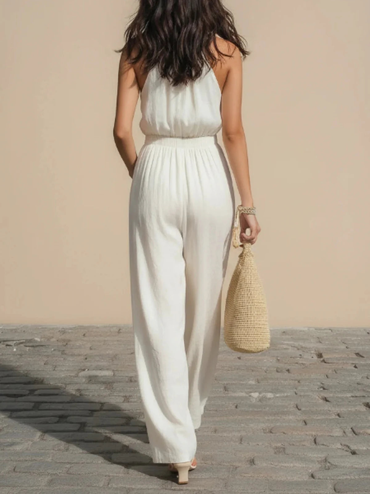 Women's Casual Faux Linen Blend Halter Jumpsuit 2026 New Elegant Solid Color Loose Pants Vacation Outfits With Pockets Jumpsuits