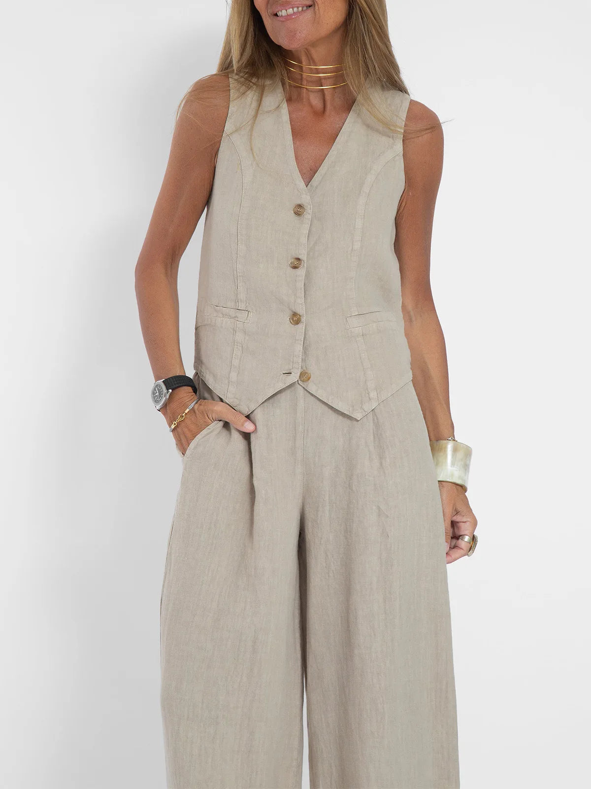 2025 New Women Vest Top + Trousers Patchwork Cotton Linen Casual Suit Summer Solid Women Vest Top + Wide Leg Pants Two Peice Set