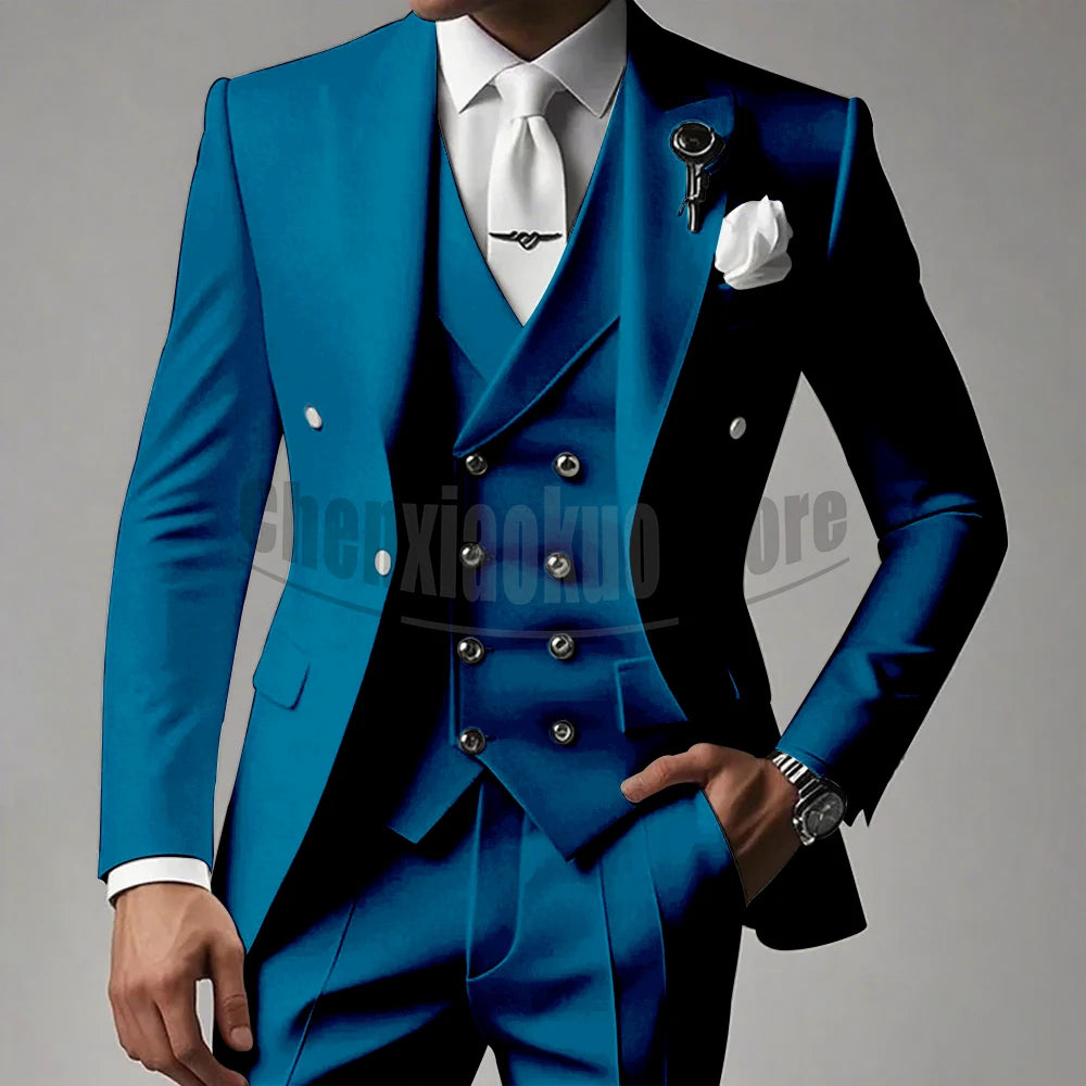 White Men Suits 3 Piece High-end Peak Lapel Solid Color Male Suit Slim Fashion Party Groom Wedding Tuxedos (Blazer+Vest+Pants)
