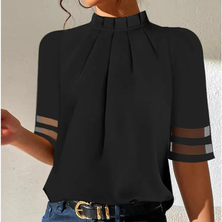 Women's Fashion Black Short-sleeved Shirt Ladies Elegant Casual Turtleneck Top Simple Shirts Women Clothes Summer