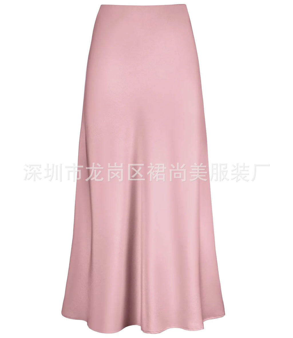 Elegant Faux Silk Satin Skirts for Women High Waist A-line Office Lady  Solid Color Glossy Finish Fishtail Skirt