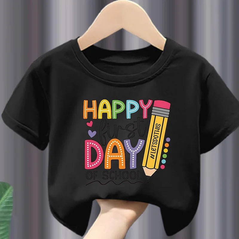 Summer Girls' Casual First Day of School Happy Print T-shirt with Round Neck and Short Sleeve Kids Clothes