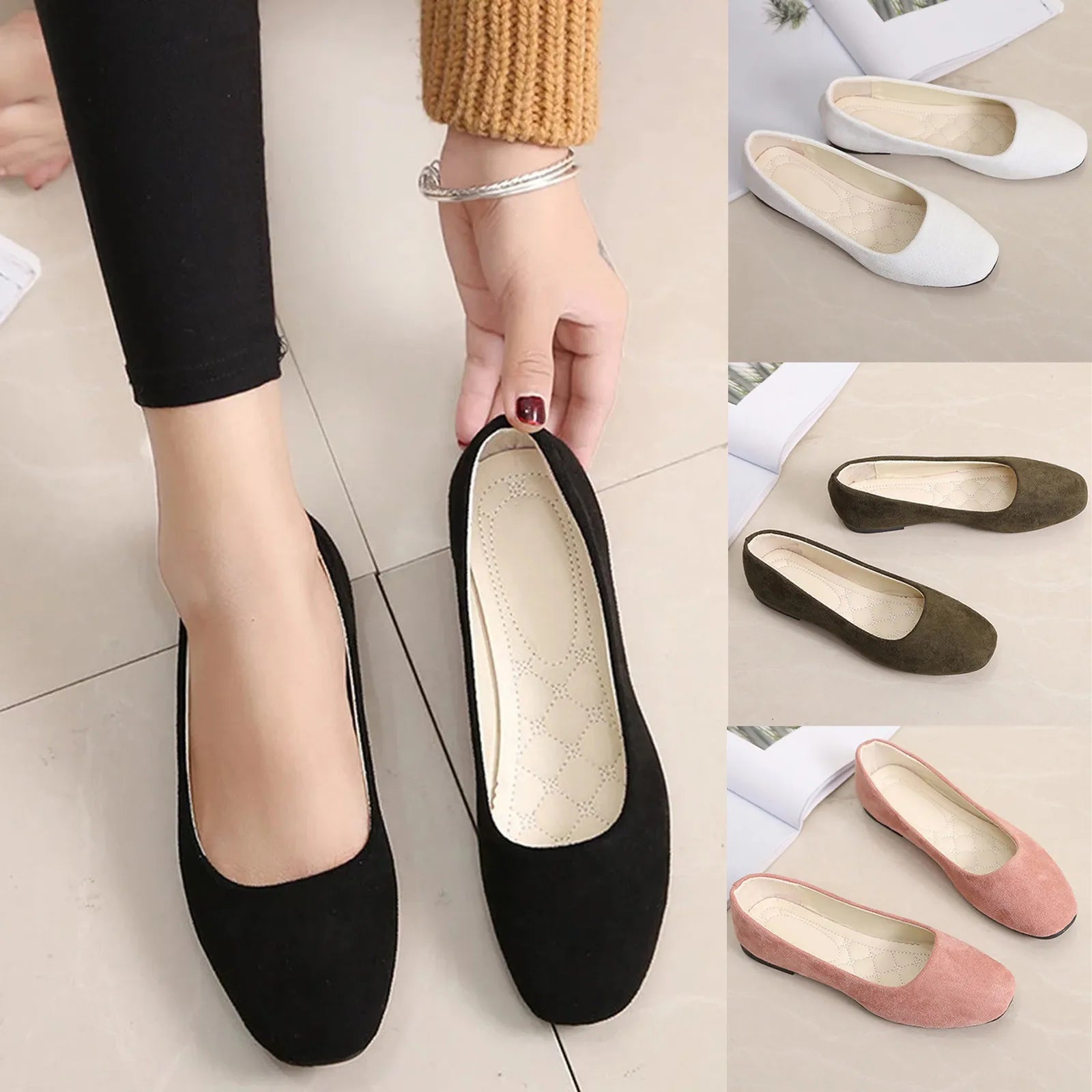 2026 Women Suede Square Flat Heel Shallow Female Shoes Spring Summer Square Toe Basic Concise Women Pumps Size 34-39