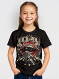 Summer Boys Girl  T Shirt Kids Baby Youth Men Women Tee Streetwear Oversize Casual Black Background Rock And Roll Red Lips Print