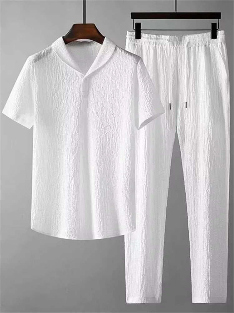 Summer Sets Men Fashion Thin Sports Suit for Men Solid Color T-Shirt and Full Length Pants Male Jogger Sets Casual Streetwear