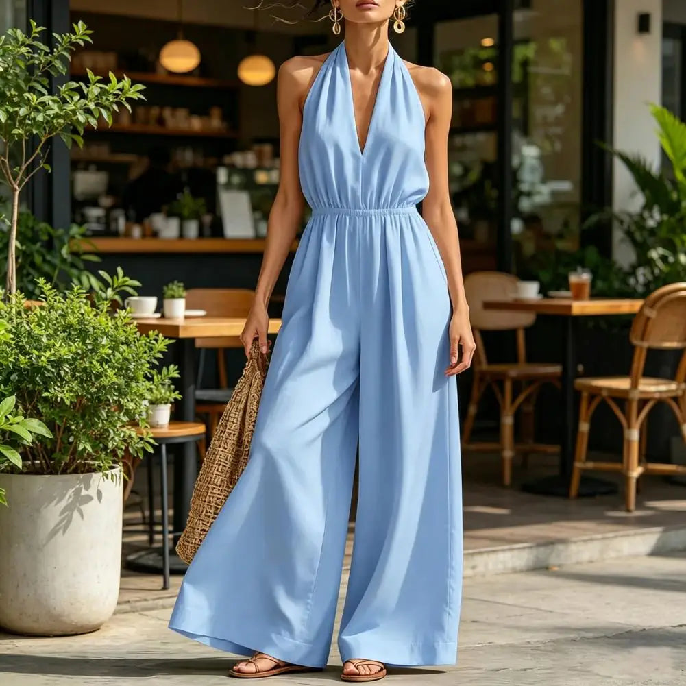 Temperament Elegant Halter Neck Jumpsuits Women Sexy Deep V-neck Backless High Waist Wide Leg Jumpsuit Solid Color Female New
