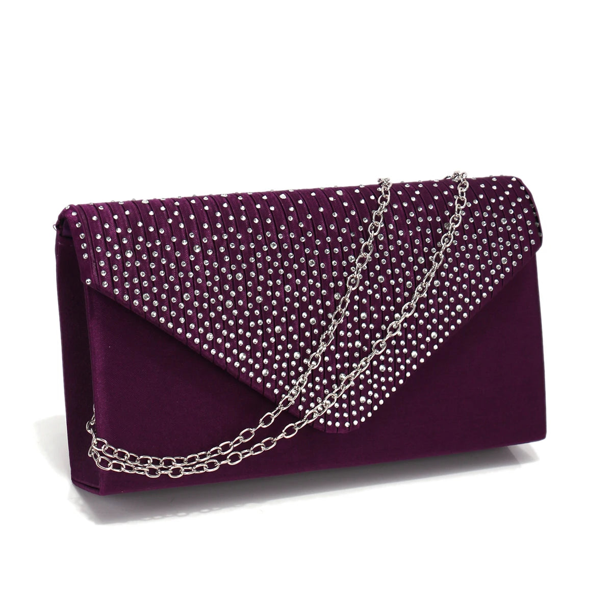 Rhinestones Women Evening Bags Small Envelope Design Handbags Satin Shoulder Chain Handbags Glitter Purple Color Cocktail Purse
