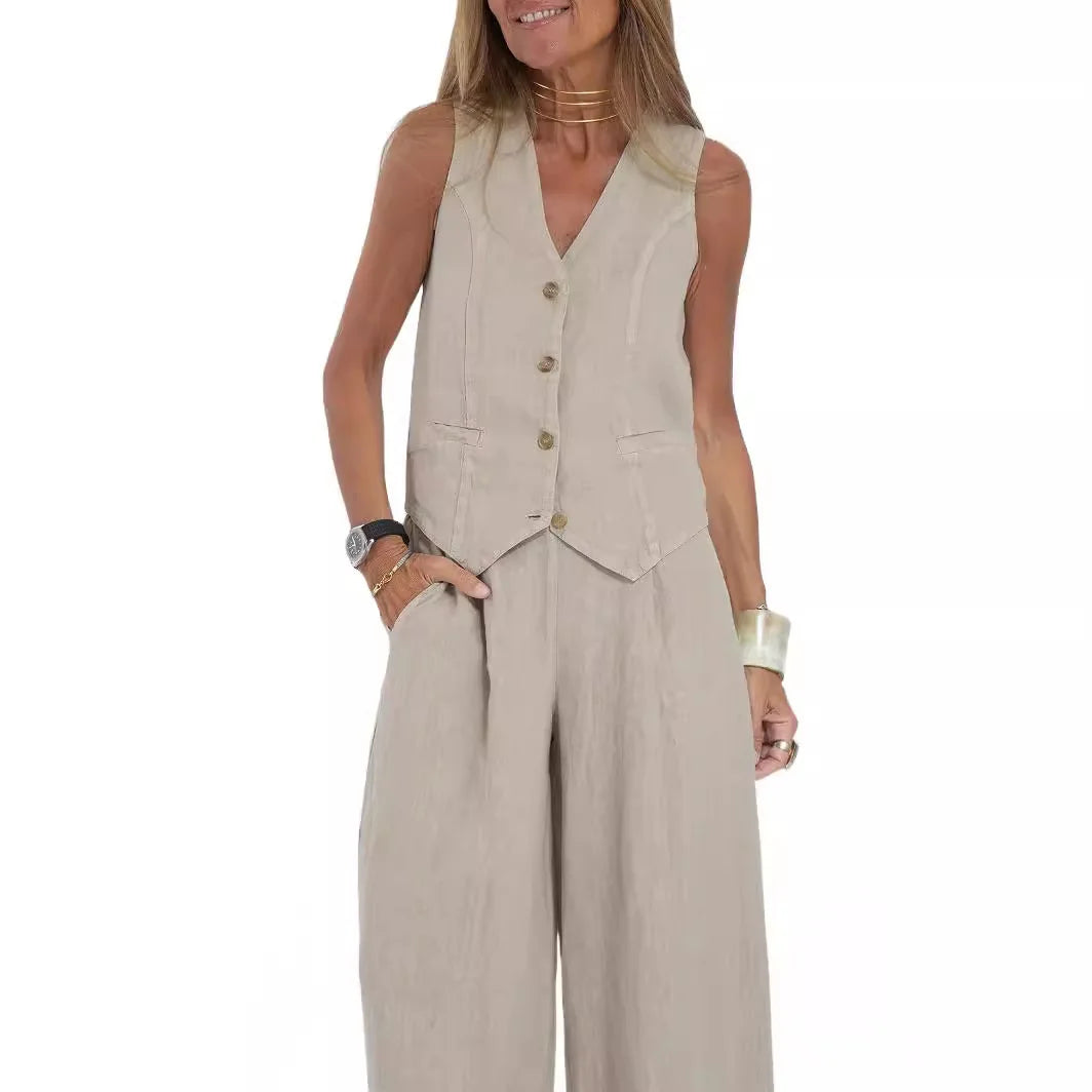 2025 New Women Vest Top + Trousers Patchwork Cotton Linen Casual Suit Summer Solid Women Vest Top + Wide Leg Pants Two Peice Set
