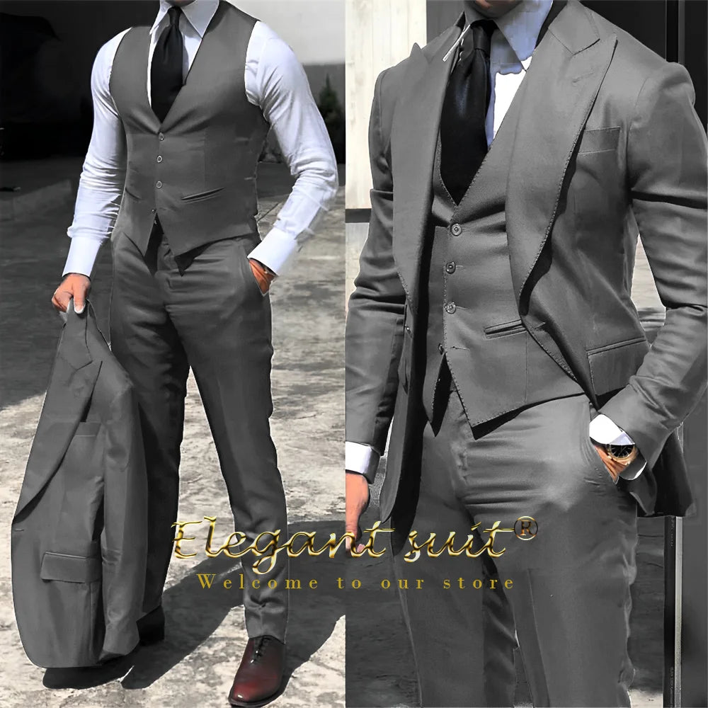 Men's / boys business grey suit 3-piece set (jacket + vest + trousers) advanced custom men's slim office formal suit set