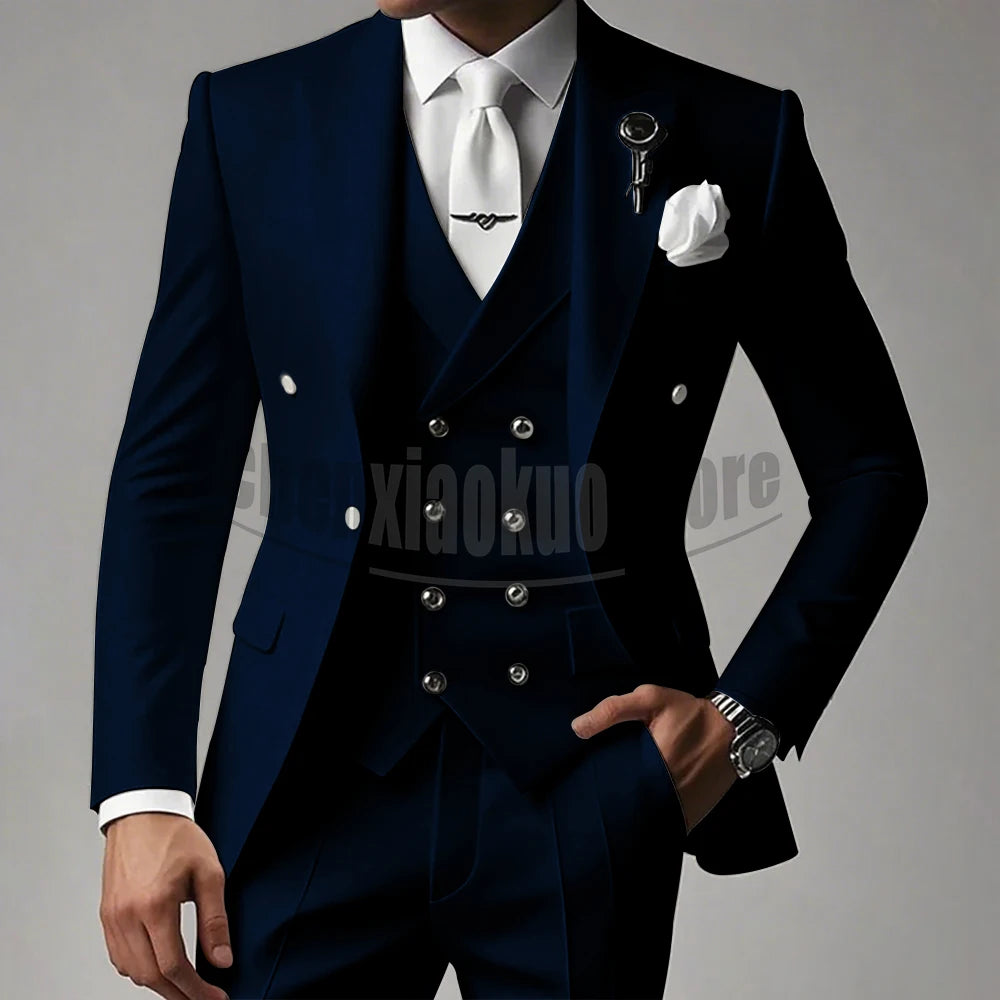 White Men Suits 3 Piece High-end Peak Lapel Solid Color Male Suit Slim Fashion Party Groom Wedding Tuxedos (Blazer+Vest+Pants)