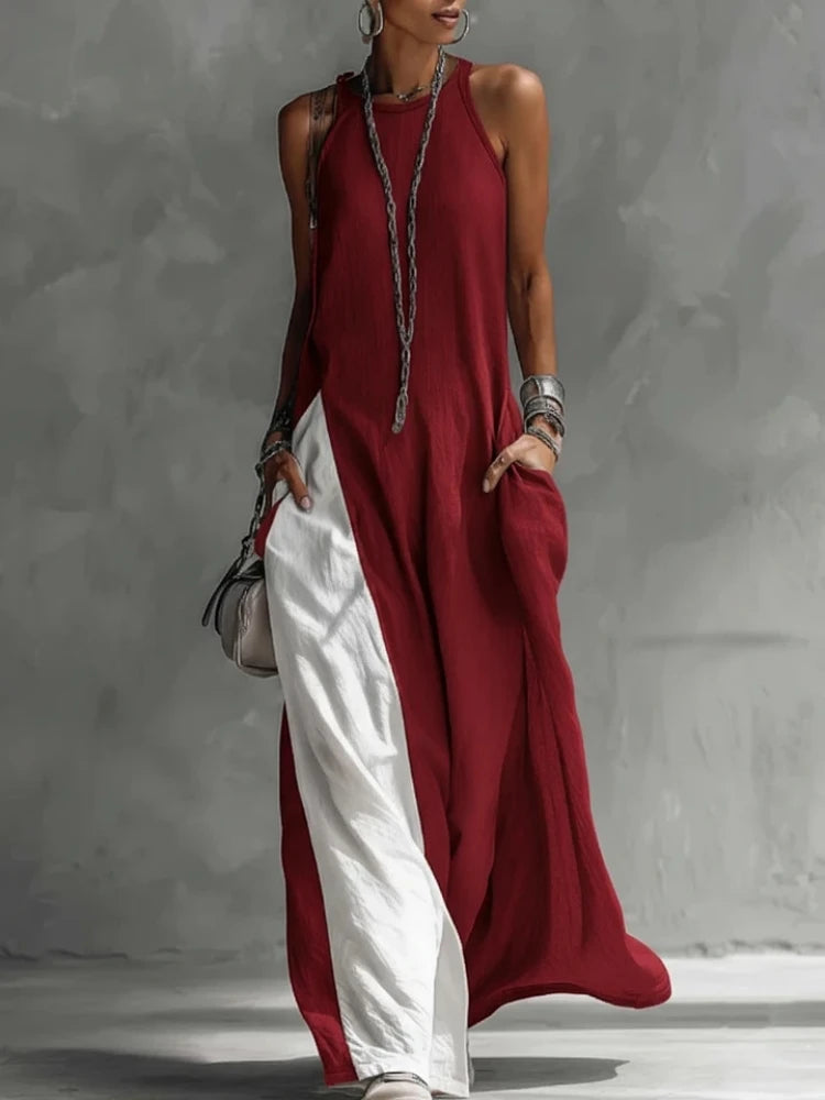 Women Strappy Maxi Dress A-line Vest Type Color Block Summer Beach Dress Loose Casual Halter Neck Pocket Side Split Long Dresses