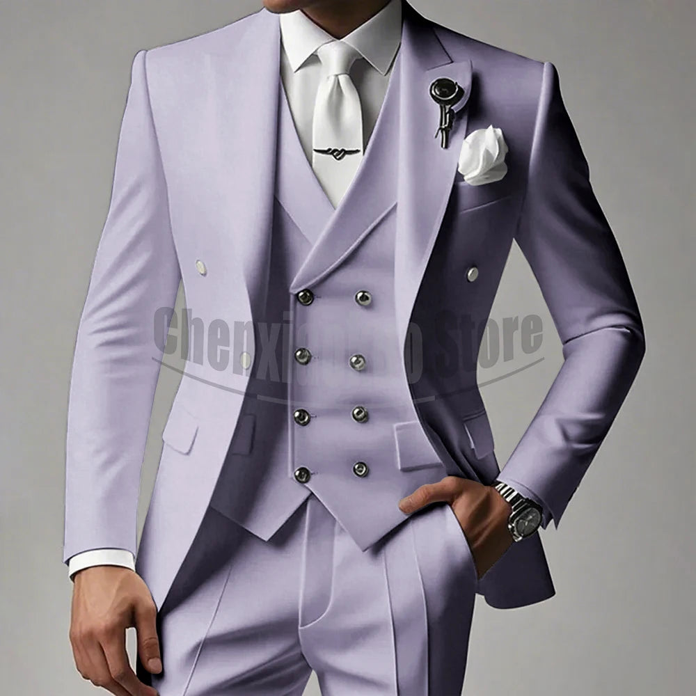 White Men Suits 3 Piece High-end Peak Lapel Solid Color Male Suit Slim Fashion Party Groom Wedding Tuxedos (Blazer+Vest+Pants)
