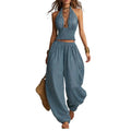 Women's Halter Sleeveless Summer 2 Piece Sets, Pleated Ruffle Backless V Neck Top And Wide Leg Pants Matching Outfits Women