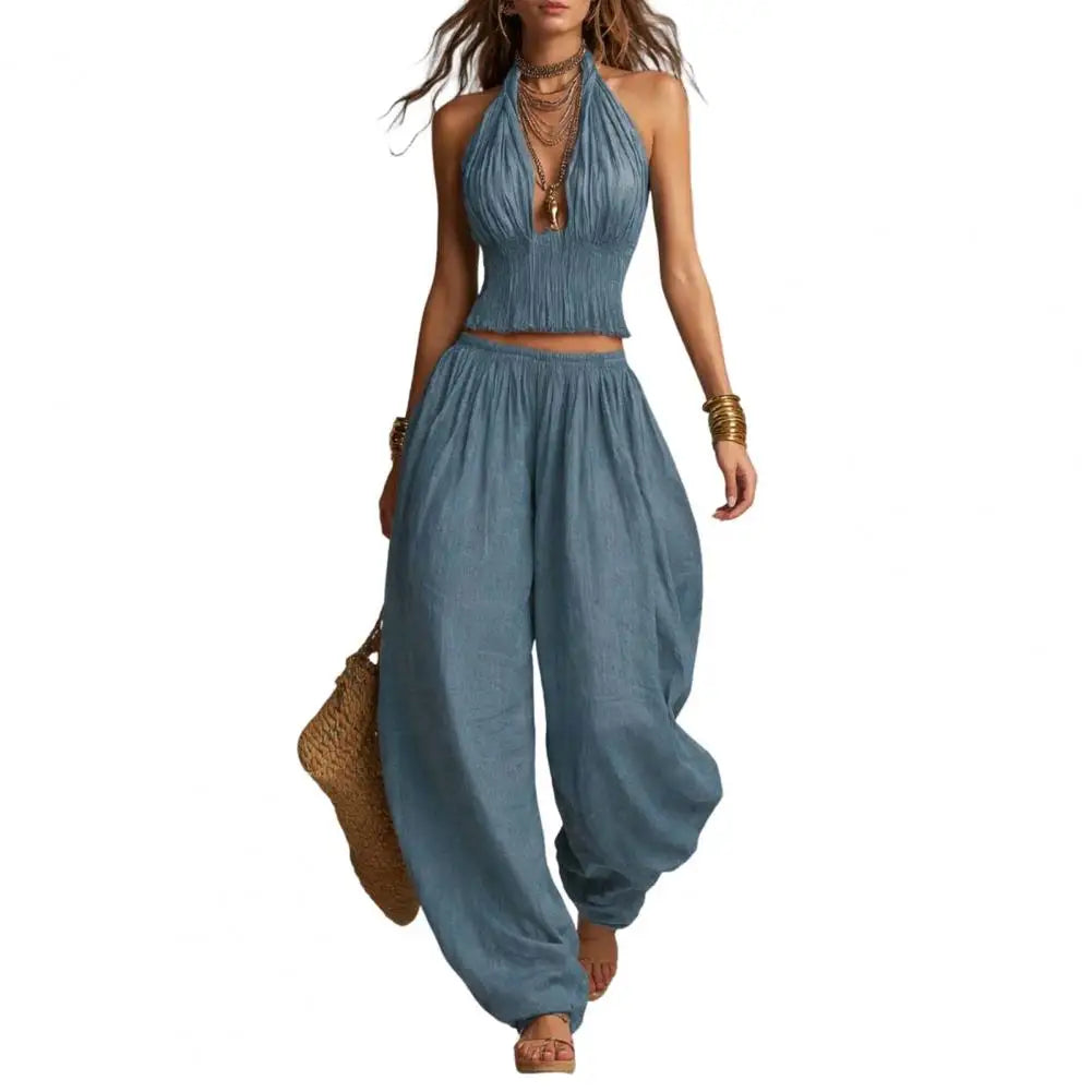 Women's Halter Sleeveless Summer 2 Piece Sets, Pleated Ruffle Backless V Neck Top And Wide Leg Pants Matching Outfits Women