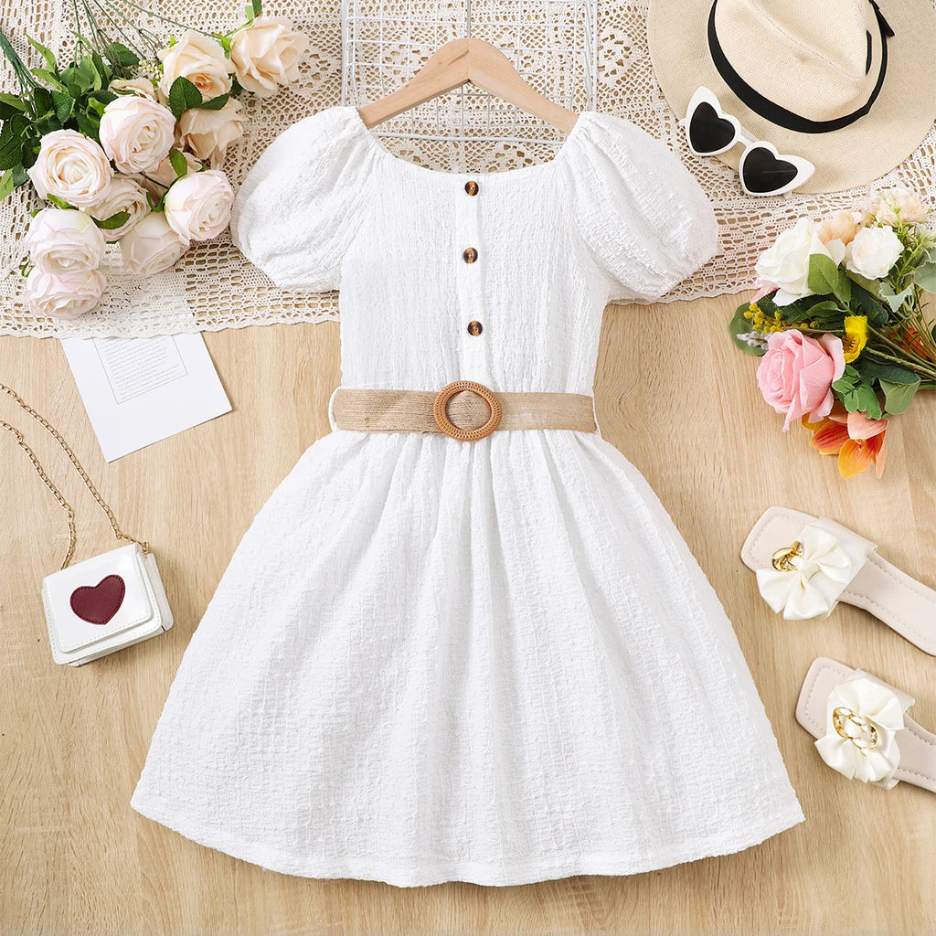 Children's clothing Girls' Short sleeved Dress, White Bubble Sleeve casual Dress suitable for Girls aged 8-12 in Summer Dress