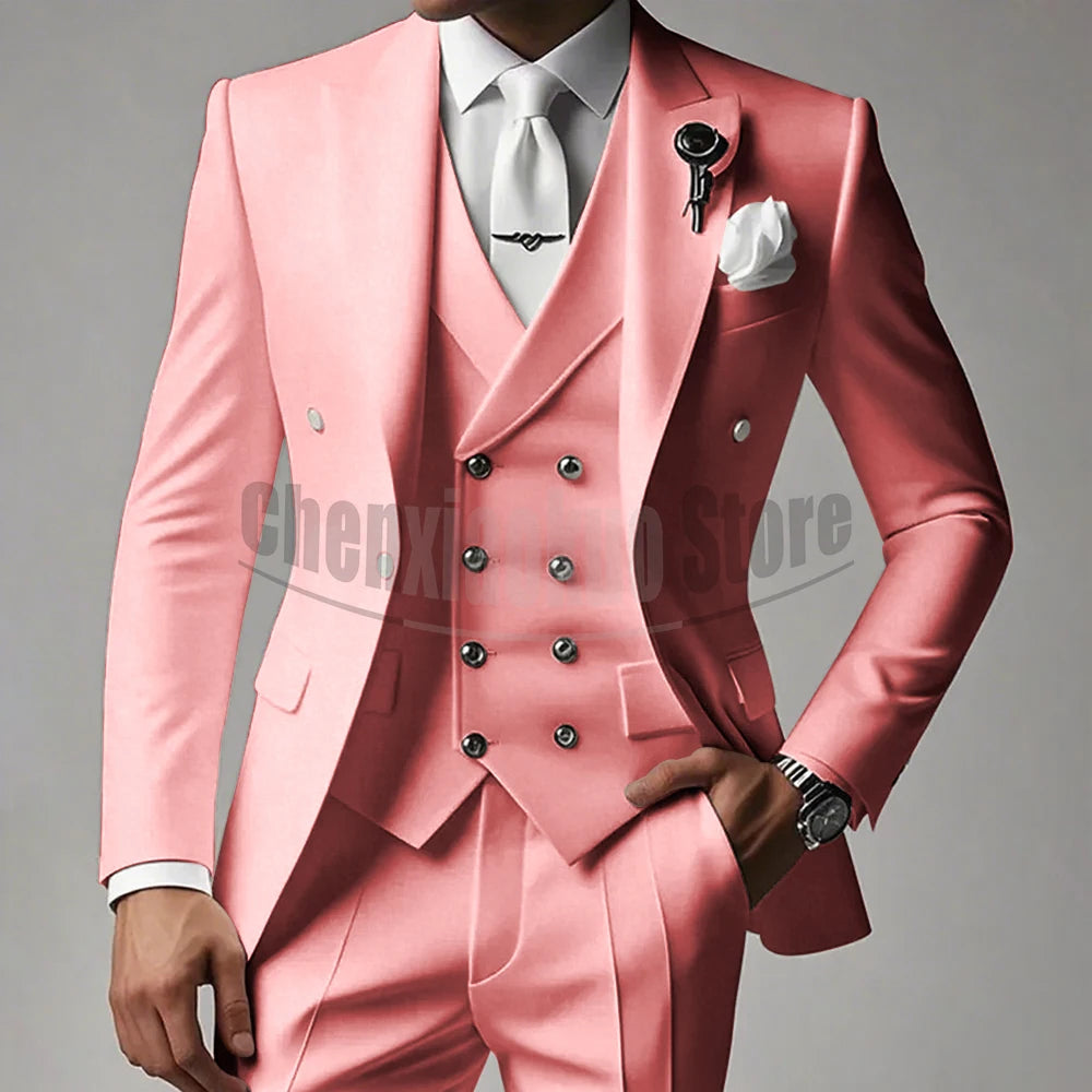 White Men Suits 3 Piece High-end Peak Lapel Solid Color Male Suit Slim Fashion Party Groom Wedding Tuxedos (Blazer+Vest+Pants)