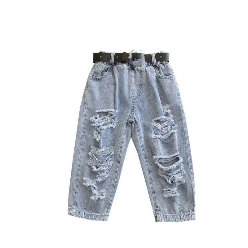 Children's Clothing Spring and Summer New Styles for Boys and Girls Washed Ripped Jeans Children's Cropped Pants Trend 1-12Y