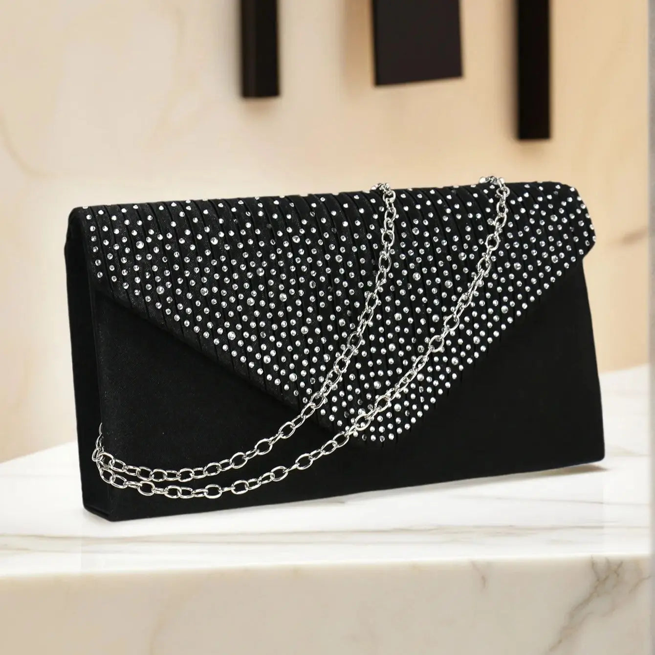 Rhinestones Women Evening Bags Small Envelope Design Handbags Satin Shoulder Chain Handbags Glitter Purple Color Cocktail Purse