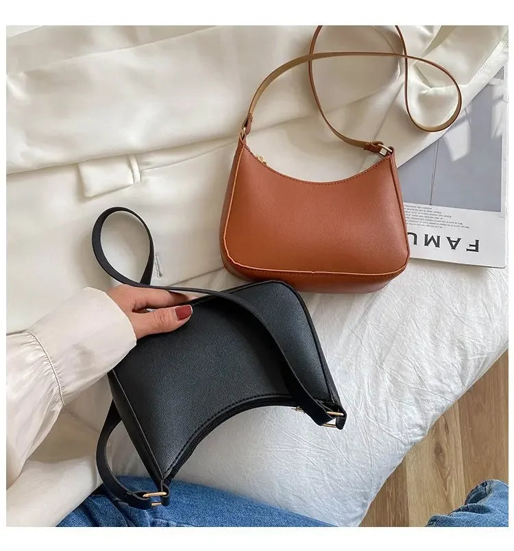New Women's Fashion Handbags Retro Solid Color PU Leather Shoulder Underarm Bag Casual Women Hobos Handbags