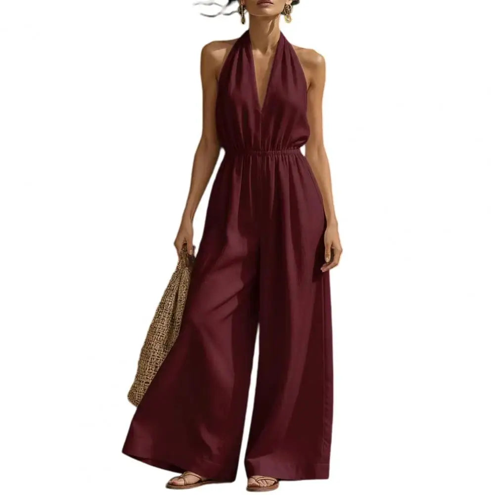 Temperament Elegant Halter Neck Jumpsuits Women Sexy Deep V-neck Backless High Waist Wide Leg Jumpsuit Solid Color Female New