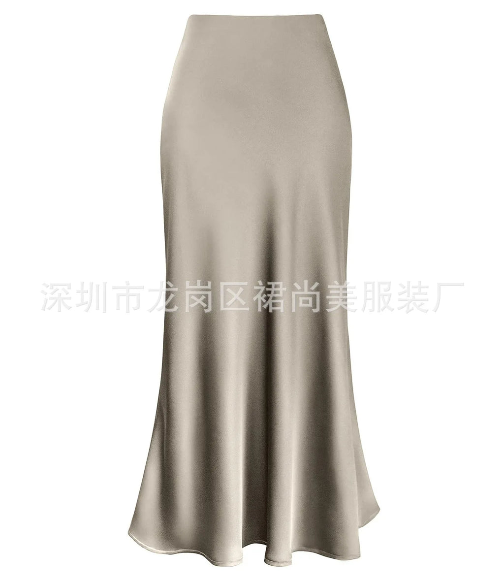 Elegant Faux Silk Satin Skirts for Women High Waist A-line Office Lady  Solid Color Glossy Finish Fishtail Skirt