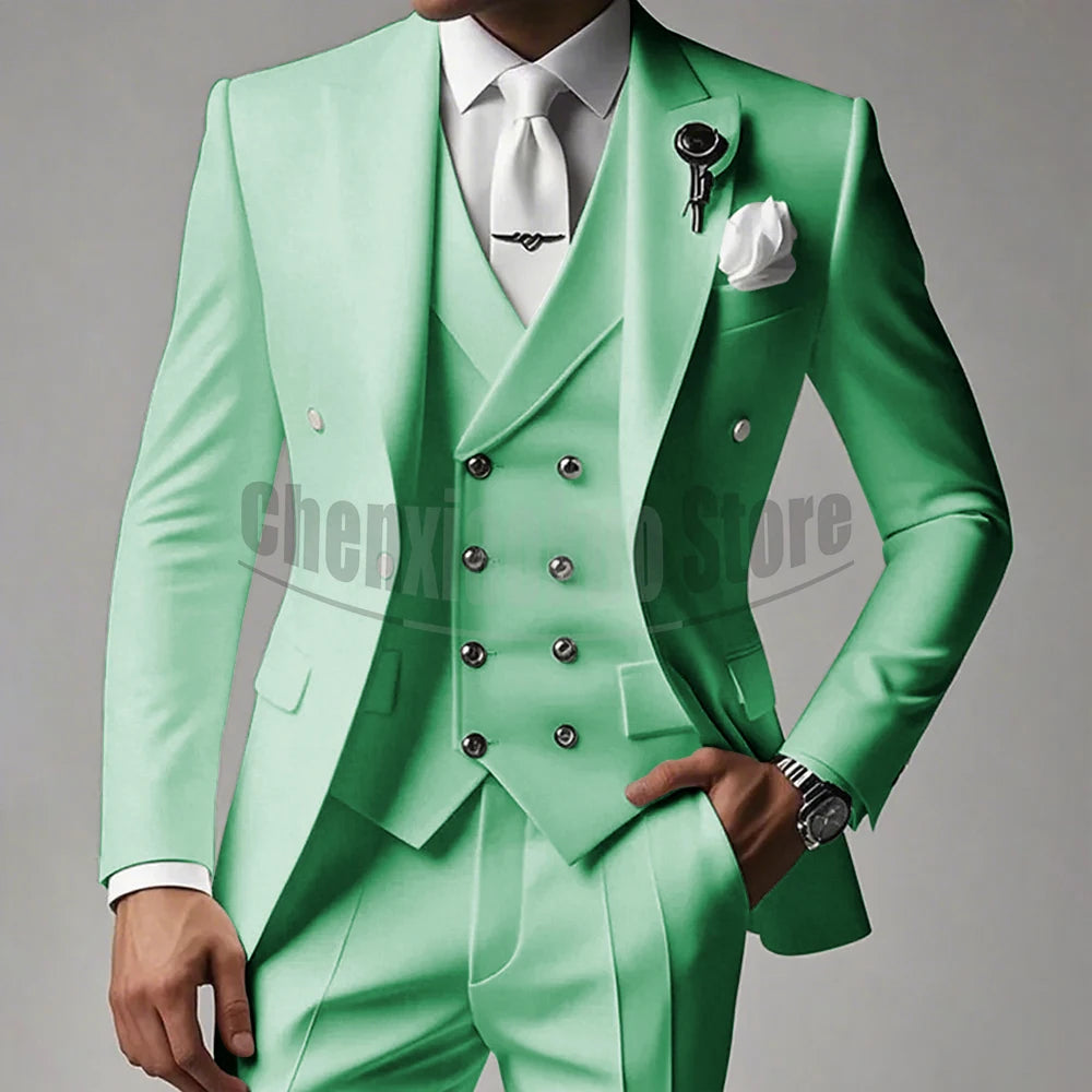 White Men Suits 3 Piece High-end Peak Lapel Solid Color Male Suit Slim Fashion Party Groom Wedding Tuxedos (Blazer+Vest+Pants)