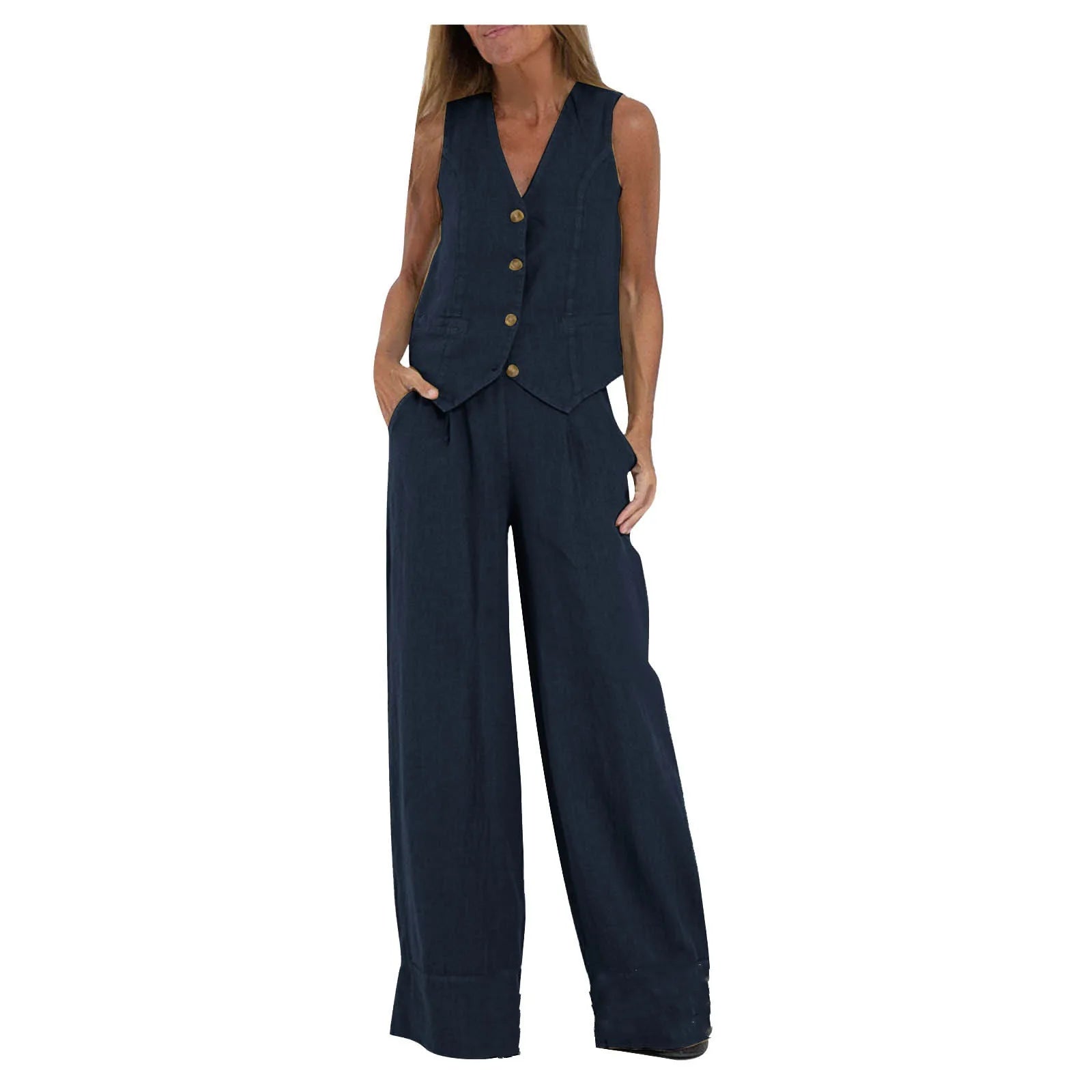 2025 New Women Vest Top + Trousers Patchwork Cotton Linen Casual Suit Summer Solid Women Vest Top + Wide Leg Pants Two Peice Set